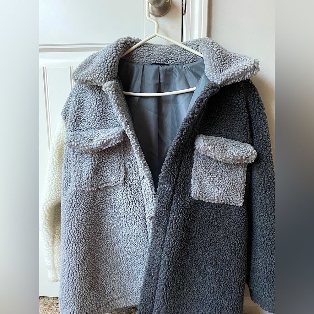 Colorblock Flap Pocket Drop Shoulder Teddy Coat